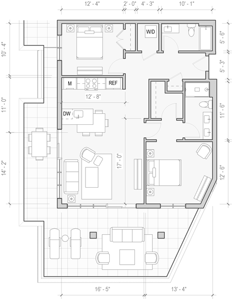Floor plan for 2 beds, 2 baths, 1160 sqft